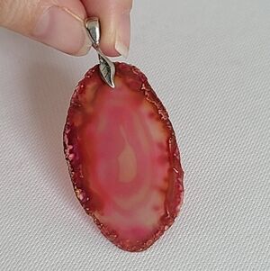 Sterling Silver Boho Chunky Lagenlook Large Red Pink Geode Slice Pendant